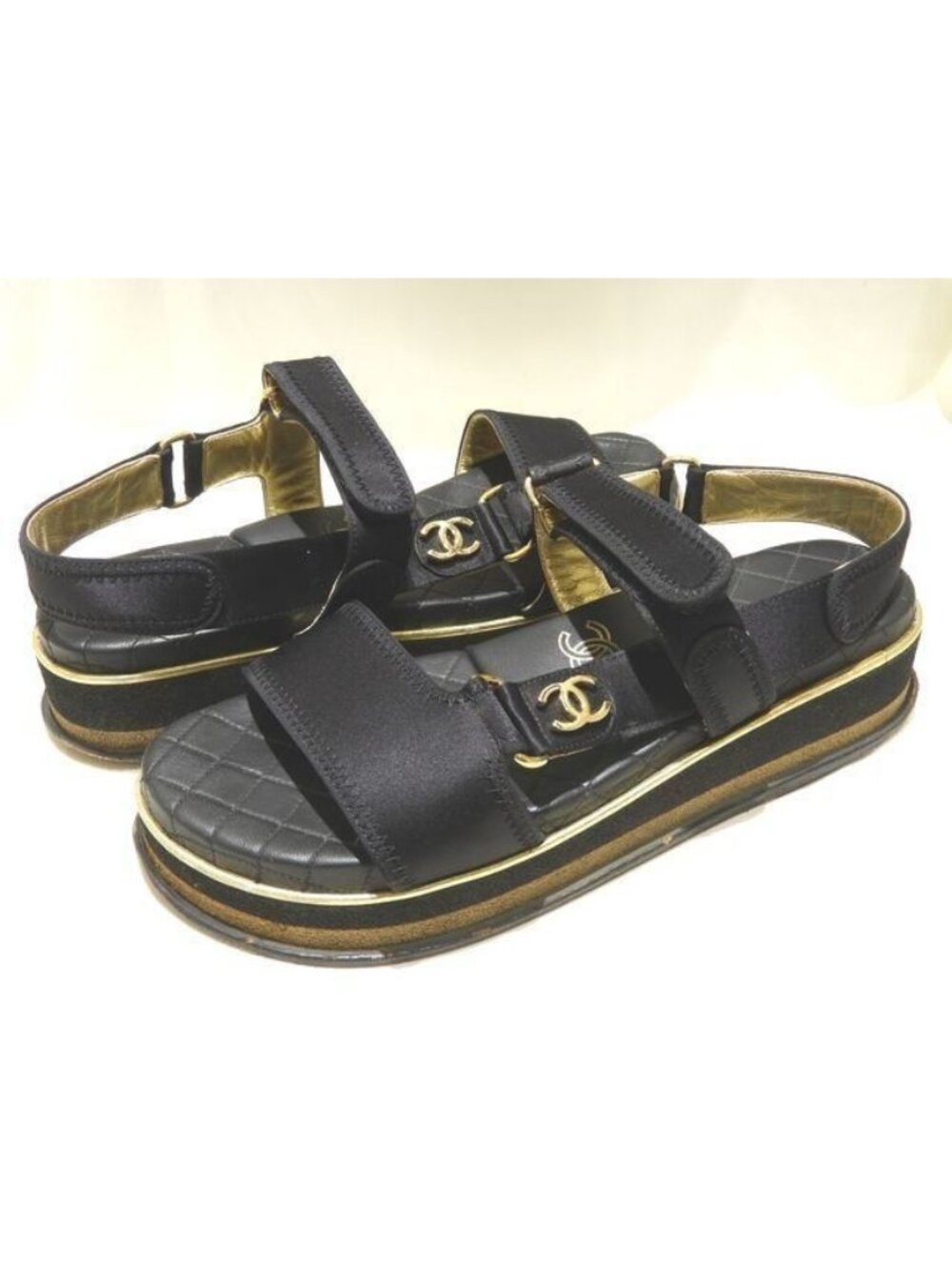 Chanel Sandals Quilted Leather Insole Satin Black CC Logo Shoes 38